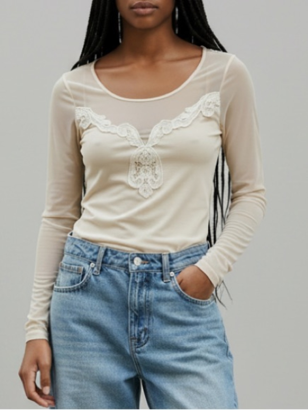 Kimchi Blu Sheer Lace Accent Long Sleeve Top - Cream